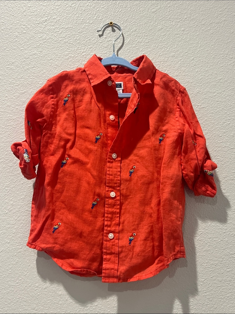 Linen Button-Down Shirt with Parrot Embroidery